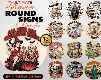 Halloween Round Sign Bundle SVG, Funny Spooky Quotes Laser Cut Files, Halloween Wood Decor for  Halloween Door Hanger Svg