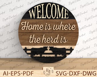 Cintre de porte de ferme drôle fichier SVG, signe rond de bienvenue vache de ferme Art, signe de la ferme svg, Glowforge découpé au laser