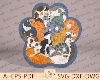 Wooden Cats Set Kids Puzzle, Educational toys for Kid, Laser cut Wooden Cat Puzzle Montessori,  Eco Birthday Kids Gift, Glowforge Cut File
