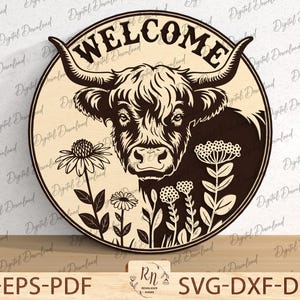 Wildflower Highland Cow Sign Cutfile,  Farm Door Hanger SVG, Highland Cow Welcome Door Hanger Laser Cutfiles,Front Door Decor,Glowforge File