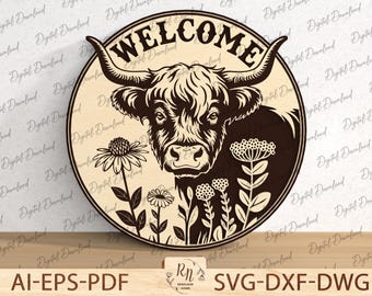 Fichier coupé, signe de vache Highland de fleurs sauvages, accroche-porte de ferme SVG, accroche-porte bienvenue vache Highland au laser, décoration de porte d'entrée, fichier Glowforge