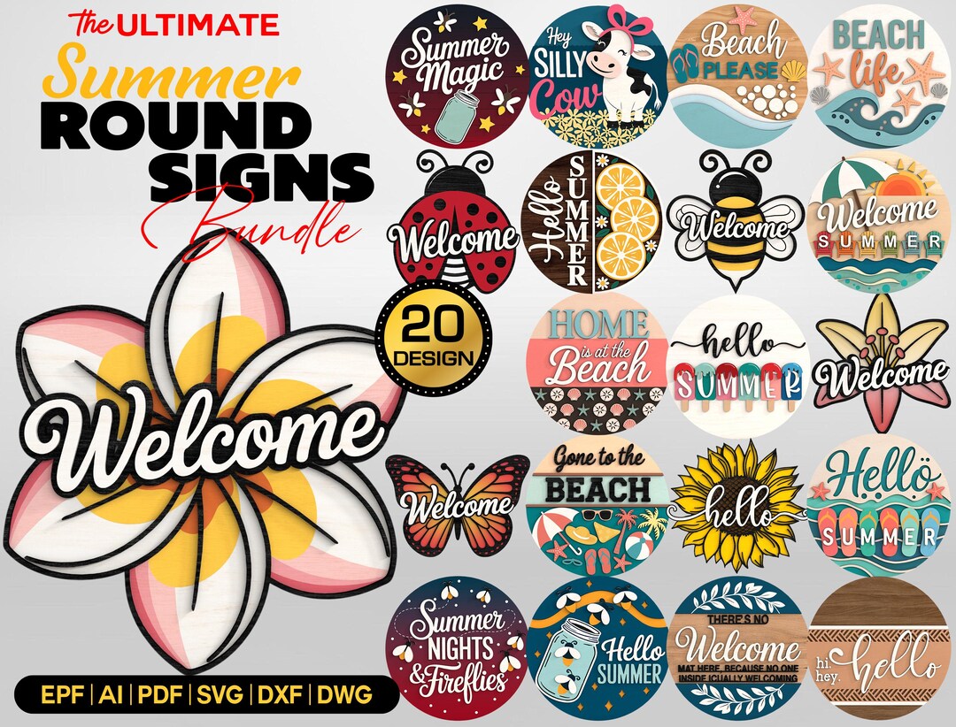 Tropical Hello Rounds Bundle 20+ Summer Welcome Sign SVG , Beach and Hello Round Door Hanger ...