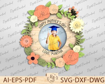Archivo de corte láser Glowforge para regalo de mamá, marco de fotos magnético para nevera, marco de corona floral, regalo para el Día de la Madre, archivo de corte láser para imán de nevera