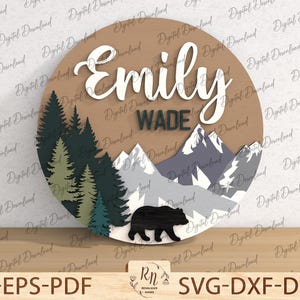 Cartello rotondo per asilo nido "Mountains Nature Bear", cartello per annuncio del nome, cartello per annuncio del nome del bambino in formato SVG, cartello per annuncio di nascita nel bosco, cartello per nascita del bambino in formato SVG