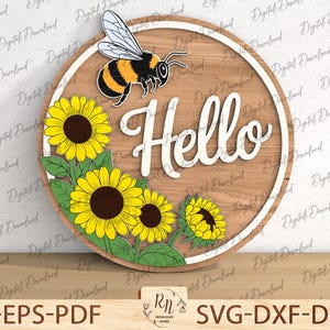 Spring Sunflower Door Hanger Cutfile, Honey Bee Door Hanger Svg ,Farmhouse Spring Decor, Front Door Decor ,Glowforge File