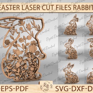 Fichiers découpés au laser SVG Lapin de Pâques debout, ornements floraux de lapin, téléchargement numérique Silhouette de lapin