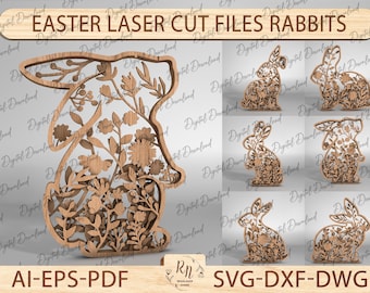 May include: Wooden Easter laser cut files featuring rabbit designs. The image shows a large rabbit silhouette filled with floral patterns, along with several smaller rabbit cutouts. Text includes "EASTER LASER CUT FILES RABBITS", "AI-EPS-PDF", and "SVG-DXF-DWG".
