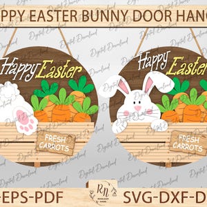 May include: A round wooden door hanger with a bunny rabbit and carrots. The hanger has the text "Happy Easter" and "Fresh Carrots" on it.