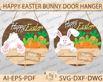 Appendino per porta con coniglietto pasquale in formato SVG, cartello di benvenuto pasquale in formato SVG, coniglietto pasquale in formato SVG, file tagliati al laser, carota in formato SVG, file laser Glowforge
