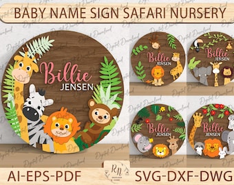 May include: A set of five digital cut files for a baby name sign with a safari theme. The sign features a brown wooden background with a pink name, "Billie Jensen", surrounded by jungle animals, including a giraffe, zebra, monkey, and lion. The files are available in AI, EPS, PDF, SVG, DXF, and DWG formats.