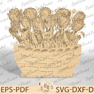 May include: A wooden cutout design of a basket filled with tulips. The basket is detailed with a woven pattern and the tulips are arranged in a bouquet.