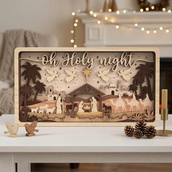 Nativity Oh Holy Night Multilayer SVG, Christmas Laser Cut File, Religious Wooden Sign, Christian Home Decor