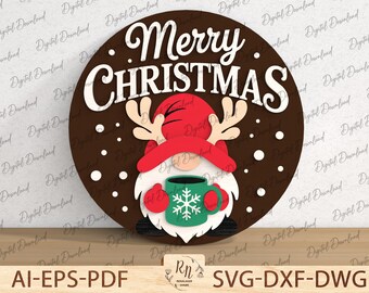 Merry Christmas Gnome Sign SVG, Holiday Door Hanger Laser Cut File, Christmas Round Decor, Xmas Porch Sign Glowforge Cricut