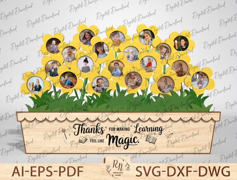 May include: A wooden flower pot with a cutout design of sunflowers, each holding a photo. The pot has a sign that reads "Thanks for making learning feel like magic."