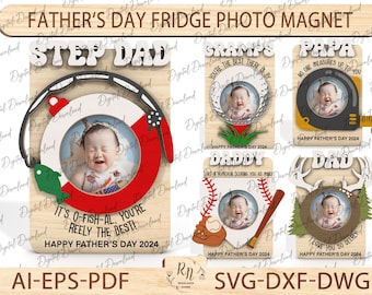 Marco de fotos con imán para el refrigerador de béisbol para el día del padre, regalo para papá, marco de fotos con imán para el refrigerador para papá, archivo listo para láser, corte láser Glowforge