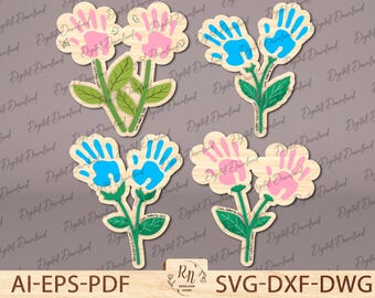 Cute Grandma Gift, Flower Handprint Magnet, Mother’s Day Handprint Flower SVG Set, Kids Handprint Sign Svg, Wood Gift for Mom