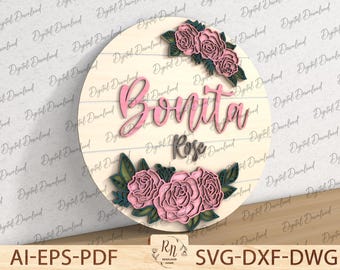 Bundel naambord bloemenkwekerij, roosbord lasergesneden bestand, rond bordontwerp, deurhanger bloemen, deurhanger bloemen, klaar bestand Glowforge