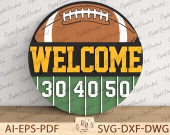 Football Welcome Sign SVG, Round Door Hanger Sports Laser Cut File, Game Day Decor for Glowforge Cricut Silhouette