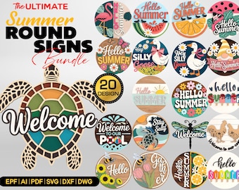 20 + Design Summer Round Sign SVG Bundle, Welcome & Hello Summer Türhänger Laser Cut Vorlagen, saisonale Porch Decor SVG-Dateien