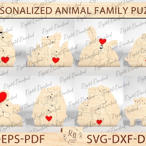 Rompecabezas de familia de animales de madera SVG cortado con láser, rompecabezas de regalo familiar cortado con láser, rompecabezas de familia de osos con forma de corazón cortado con láser, diseño SVG de amor