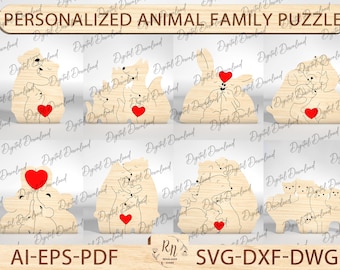 Wooden Animal Family Puzzle SVG Laser Cut File, Family Gift Puzzle Laser Cut, Heart Bear Family Puzzle Laser Cut, Love SVG Design