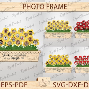 Pacchetto regalo per la festa dell'insegnante con cartello floreale in formato SVG, regalo per insegnante in formato SVG, regalo fotografico con fiore per studenti, cartello con cornice in legno, file pronto per il taglio laser
