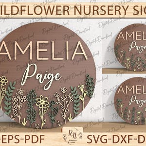 Personalisiertes rundes Kinderzimmer-Namensschild, benutzerdefiniertes 3D-Blumenmuster-Holz-Baby-Namensschild, Wildblumen-Babyparty-Wanddekor, hölzernes Namensschild