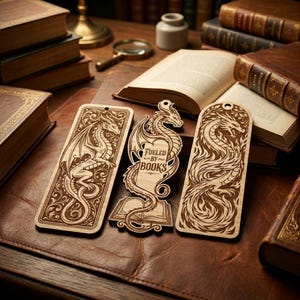 Pode incluir: Três marcadores de livros de madeira com tema de dragão e um marcador de livros em forma de dragão com o texto "Fueled by Books" são exibidos em uma superfície de couro. Os marcadores de livros são marrons claros com intrincados desenhos de dragões.