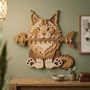 May include: A wooden cat-shaped wall hook, featuring a fish-shaped hook design. The cat is crafted from layered wood in shades of brown and tan, with intricate details. The fish hook has three pegs. A decorative and practical item for the home.