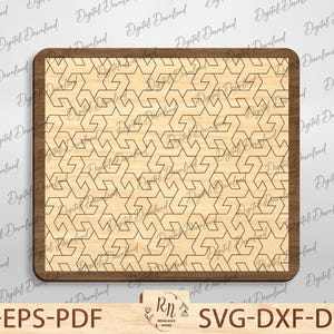 Może przedstawiać: Drewniany panel dekoracyjny z geometrycznym wzorem, oprawiony w ciemnobrązowe drewno. Panel ma powtarzający się wzór połączonych kształtów. Na dole obrazu widnieje tekst "AI-EPS-PDF" i "SVG-DXF-DWG".