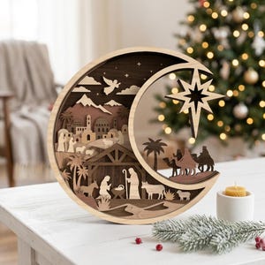 Kerststal Maan Meerlaags SVG, Bethlehemster Lasergesneden Bestand, Religieuze Houten Decoratie, Geloof Huisdecoratie