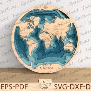 3D houten wereldkaart Svg, houten muur decor cadeau, wereldkaart wanddecor, boeiende muurkunst, lasergesneden bestand, bestand voor Glowforge, kaart meerlaagse SVG