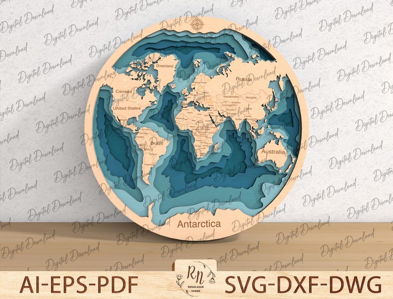Puede incluir: Un mapa del mundo de madera en capas con oc&eacute;anos azules y continentes beige. El mapa tiene un dise&ntilde;o circular con las palabras "Antarctica", "Australia", "United States", "Canada" y "Russia" visibles.