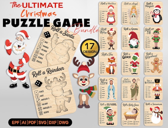 Ultimate Christmas Puzzle Game SVG Bundle, 17 Roll-a-Dice Games for Kids Laser cut File, Laser Cut Christmas Activity, roll a santa svg