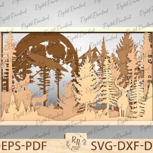 May include: A laser cut design of a forest scene with a full moon, deer, and wolves. The design is framed in a square and is ready to be assembled.