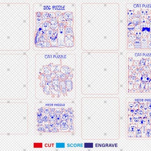 May include: A digital design file for a laser cut puzzle featuring a variety of cats and dogs. The design includes the words "Dog Puzzle", "Cat Puzzle", and "Pets Puzzle".