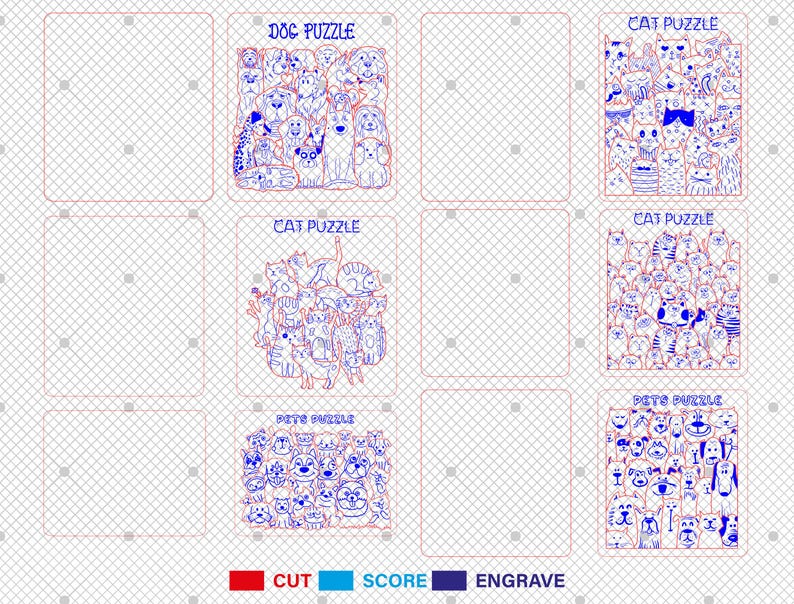 May include: A digital design file for a laser cut puzzle featuring a variety of cats and dogs. The design includes the words "Dog Puzzle", "Cat Puzzle", and "Pets Puzzle".
