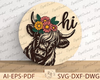 Signe de vache Highland fleurs sauvages, accroche-porte de ferme SVG, accroche-porte bienvenue vache Highland accroche-porte Laser Cutfiles, décoration de porte d'entrée, fichier Glowforge