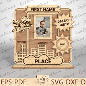 Marco de fotos para niña cortado con láser, marco de fotos con imán para refrigerador, archivos cortados con láser para marcos de fotos infantiles, marco de fotos de recuerdo de nacimiento de bebé, SVG cortado con láser