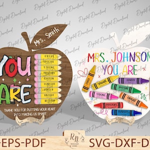May include: Two wooden apple-shaped signs with the text "You Are" and a list of positive words. The first sign has a brown wood background and the second sign has a white background. Both signs have colorful crayon drawings.