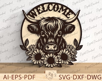 accroche-porte Bienvenue vache Highland au laser, accroche-porte de ferme fichier coupe SVG, signe vache Highland fleurs sauvages, décoration de porte d'entrée, fichier Glowforge