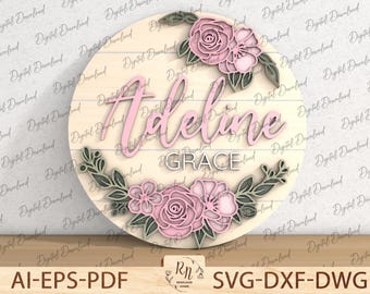 Layered Flower Laser Cut file svg, Rose Sign Laser Cut File, Door hangers, Glowforge Nursery Name Layered Floral File, Wood signs