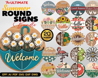 20+ Design Summer Round Door Sign SVG Bundle, Hello Summer & Welcome Porch Decor Laser Cut Files, Seasonal Wood Round Template