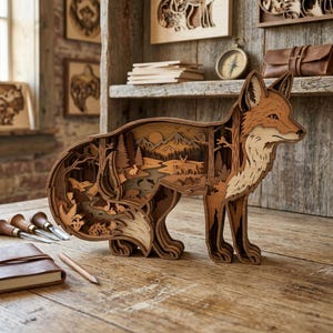 May include: A multi-layered wooden fox sculpture featuring a laser-cut forest landscape inside its body. The intricate design depicts mountains, trees, a river, and wildlife including a deer and rabbit, crafted from various shades of natural wood.