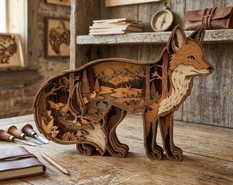 May include: A multi-layered wooden fox sculpture featuring a laser-cut forest landscape inside its body. The intricate design depicts mountains, trees, a river, and wildlife including a deer and rabbit, crafted from various shades of natural wood.