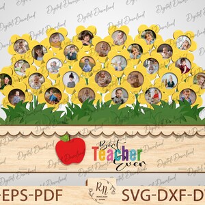 May include: A wooden flowerpot with a scalloped edge, decorated with a red apple and the text "Best Teacher Ever". The pot has 24 circular cutouts for photos, surrounded by yellow flower shapes.