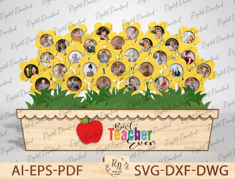 May include: A wooden flowerpot with a scalloped edge, decorated with a red apple and the text "Best Teacher Ever". The pot has 24 circular cutouts for photos, surrounded by yellow flower shapes.
