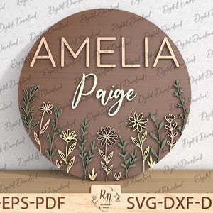 Personalized Wooden Wildflower Flower Svg, 3D Flower Nursery Name Sign SVG, Wildflower Baby Shower Wall Decor,  Wooden Name Sign, Glowforge