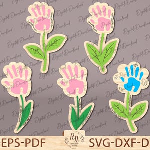 May include: Five handprint flower designs for crafting. The flowers are pink, blue, and green. The text "Happy Teacher's Day" is on two of the flowers.