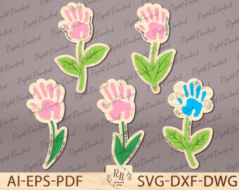 Regalo de huella de mano para el primer día de la madre, set SVG de flores con huella de mano para el día de la madre, letrero SVG con huella de mano para niños, regalo de madera para mamá